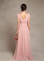 Short Sleeves Pink Chiffon Bridesmaid Dress V-neckline