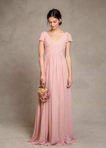 Short Sleeves Pink Chiffon Bridesmaid Dress V-neckline