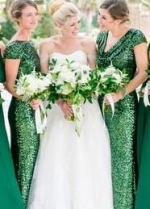 Sequin Emerald Green Wedding Party Dresses with Short Sleeves