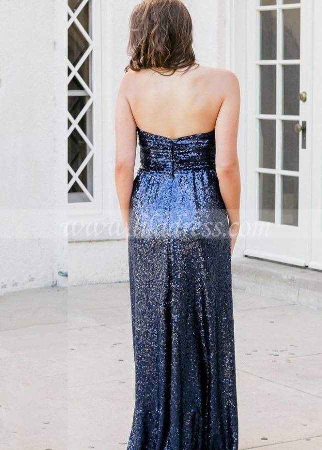 Strapless Blue Sequin Bridesmaid Dresses Backless