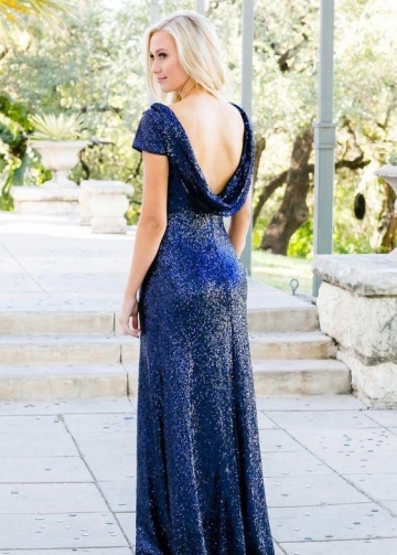Short Sleeves Blue Sequin Bridesmaid Dresses With Draped Back