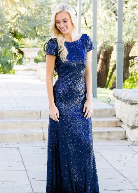 Short Sleeves Blue Sequin Bridesmaid Dresses With Draped Back