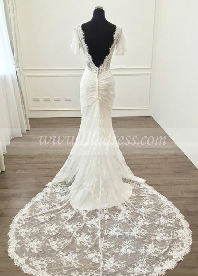Short Sleeves Lace Wedding Dress Mermaid Style