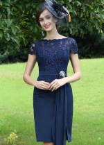 Sheer Lace Bateau Neck Chiffon Navy Blue Short Bride Mother Dress with Sleeves