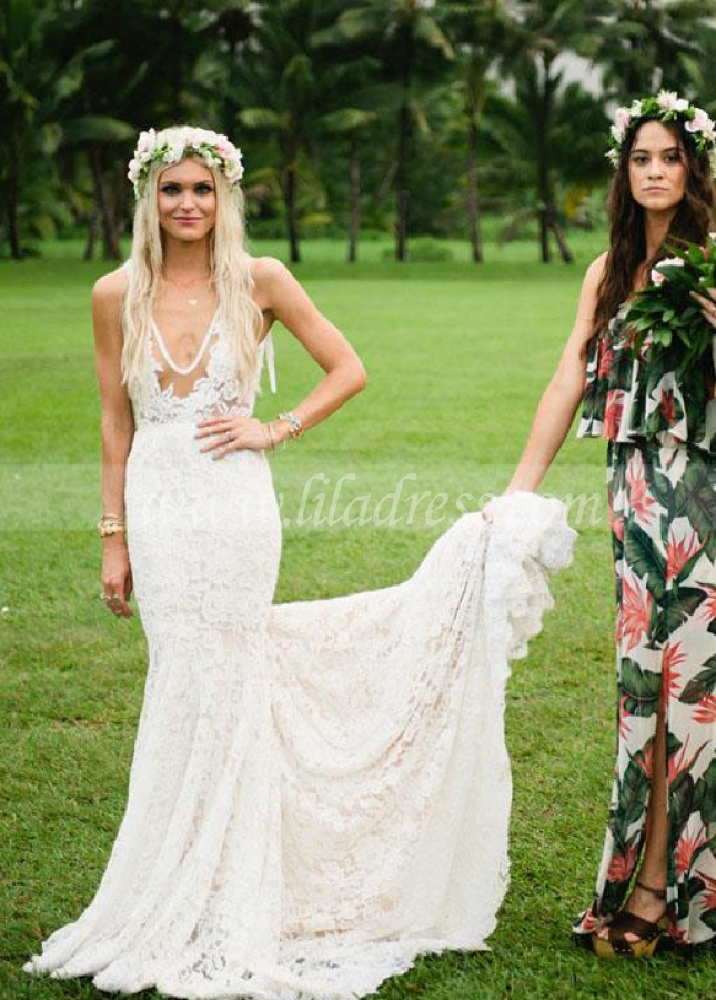 Sheer Plunging V-neck Lace Mermaid Bridal Gown