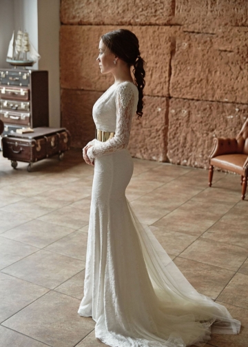 Sheer Long Sleeveless Lace Bridal Gowns with Gold Belt