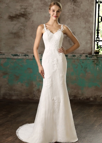 Spaghetti Straps Column Bride Lace Wedding Gown with Detachable Skirt
