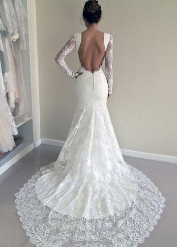 Sheer Long Sleeves Lace Wedding Dresses Backless