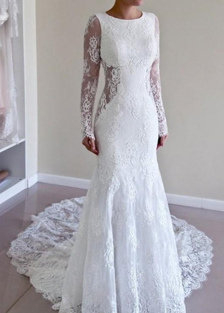 Sheer Long Sleeves Lace Wedding Dresses Backless