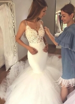 Spaghetti Straps Lace Mermaid Wedding Gown Tulle Skirt
