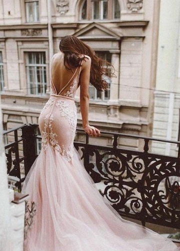 Sheer V-neckline Pink Mermaid Wedding Dress with Tulle Train