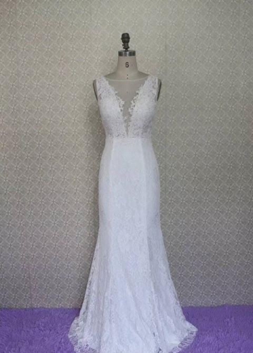 Sleeveless Lace Wedding Dress with Illusion V-neckline