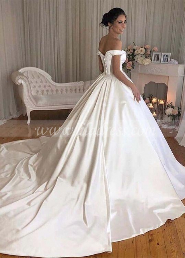 Simple Satin Bridal Gowns Long Train with Off-the-shoulder