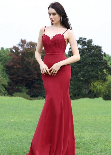 Sweetheart Lace Satin Red Mermaid Evening Dresses with Spaghetti Straps