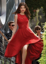 Sleeveless Sheer Jewel Neck Red Lace Hi-lo Prom Dress with Satin Skirt
