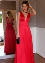 Sleeveless Satin V-neck Red Long Simple Prom Dresses