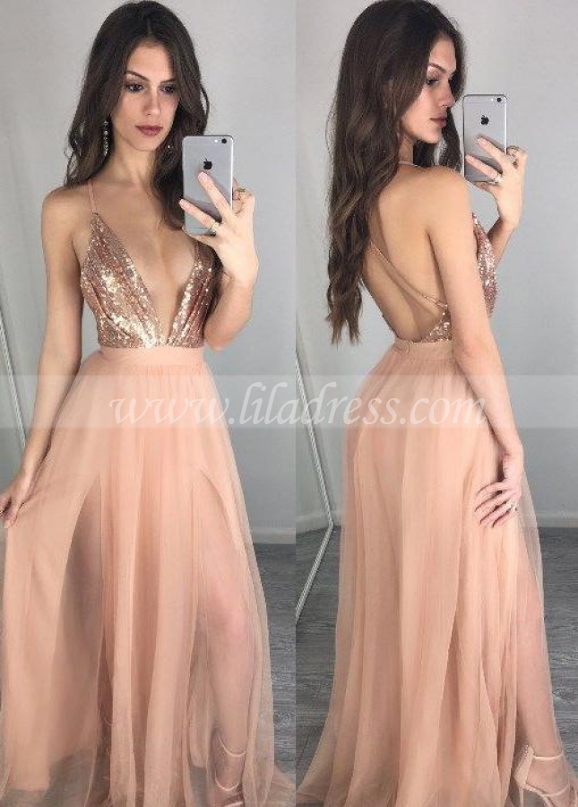 Sexy Plunging V-neck Sequin Blush Prom Night Gown