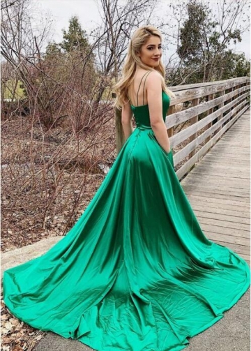 Sexy Open Back Green Prom Party Dress with Slit Side