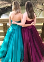 Sweetheart Satin Backless Prom Ball Gown Dresses with Tulle Skirt