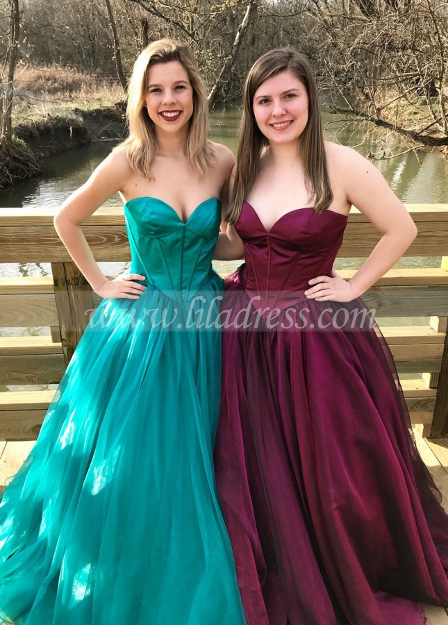 Sweetheart Satin Backless Prom Ball Gown Dresses with Tulle Skirt