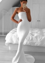 Strapless Mermaid Simple White Prom Dress with Sweep Train