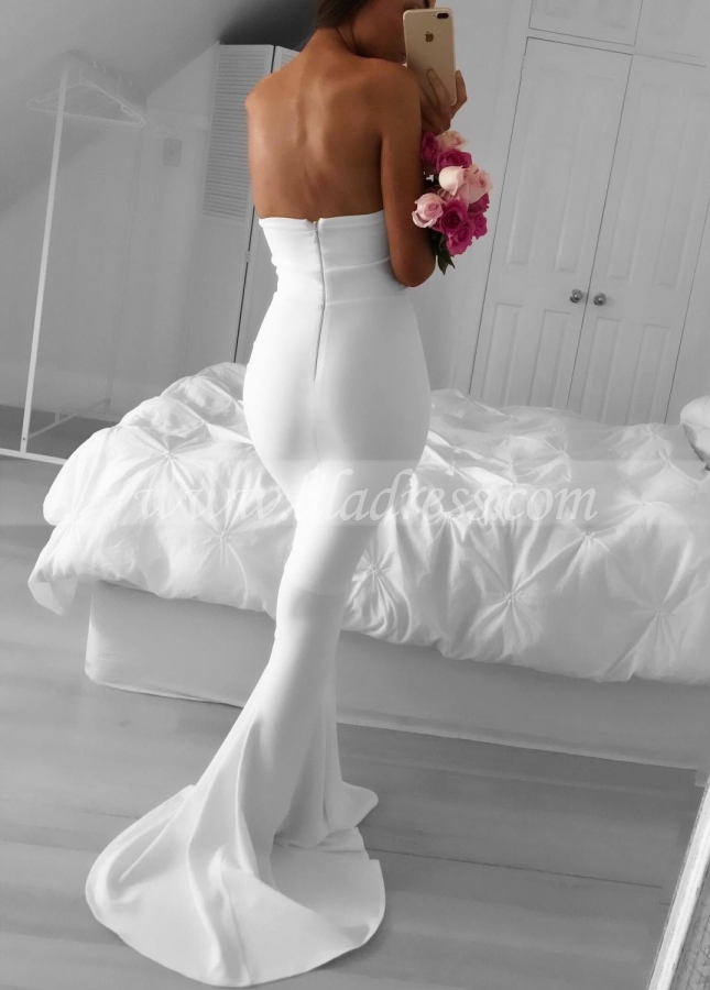 Strapless Mermaid Simple White Prom Dress with Sweep Train