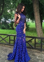 Sleeveless Beaded Royal Blue Lace Prom Dresses with Hollow Back