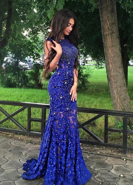 Sleeveless Beaded Royal Blue Lace Prom Dresses with Hollow Back