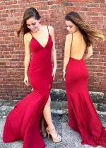 Spaghetti Straps Backless Prom Gown with Plunging V-neckline
