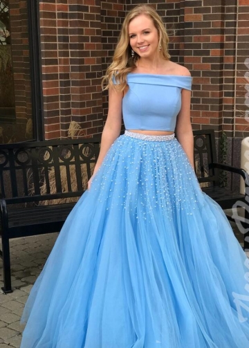 Sky Blue Tulle Two-piece Prom Gown with Pearls Skirt