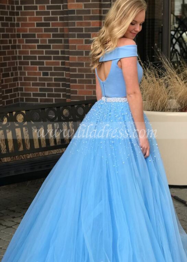 Sky Blue Tulle Two-piece Prom Gown with Pearls Skirt
