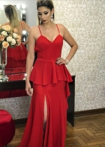 Spaghetti Straps Maxi Long Red Prom Gowns with Peplum