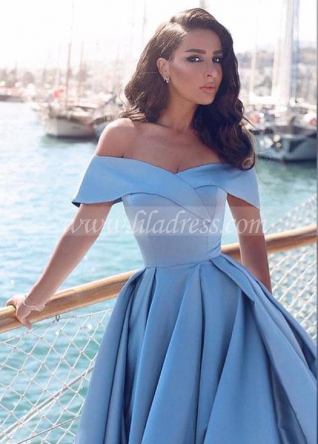 Slit Side Blue Satin Prom Gown with Fold Off-the-shoulder