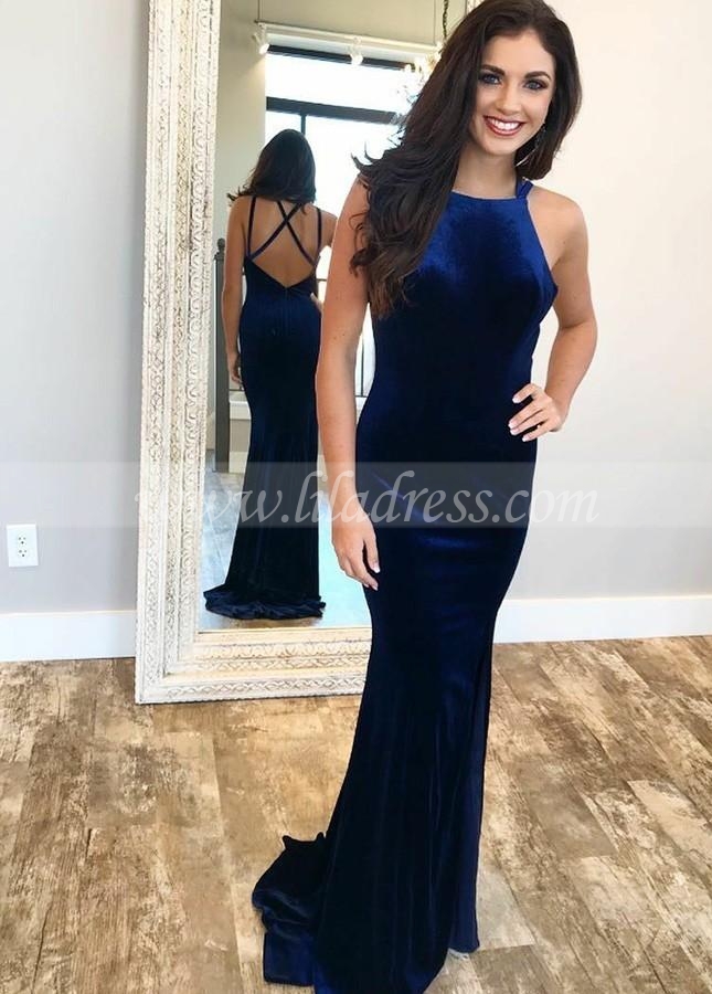 Sapphire Velvet Open-Back Long Prom Dresses with Square Neckline