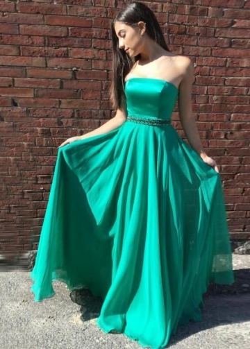 Strapless Floor Length Chiffon Green Prom Long Dresses with Bead Belt