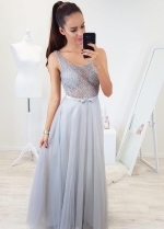 See-through Beaded Light Gray Prom Gowns with Bow Belt