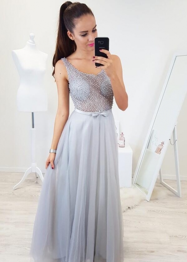 See-through Beaded Light Gray Prom Gowns with Bow Belt