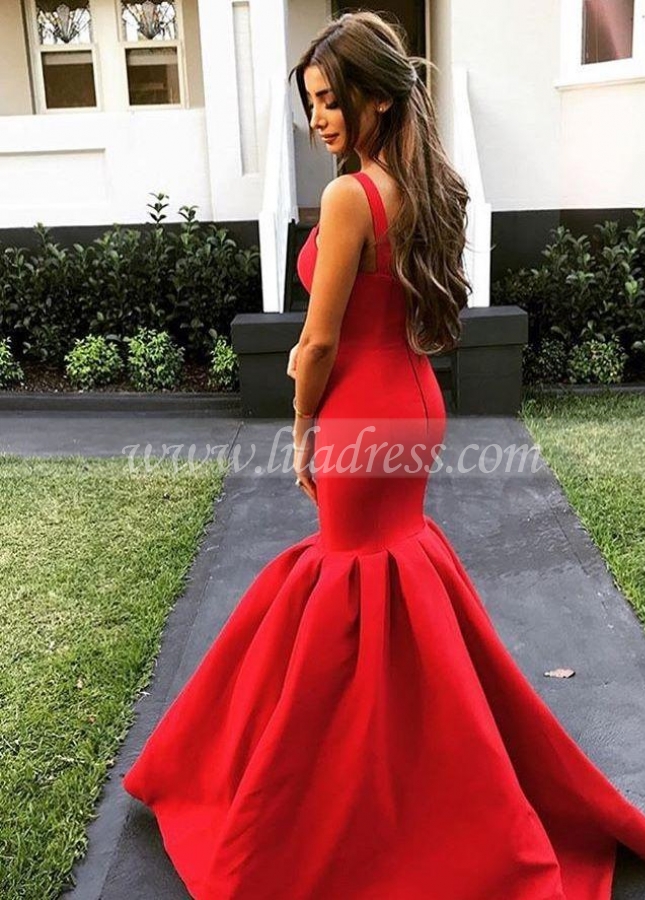 Sweetheart Satin Mermaid Red Evening Dress with Double Straps