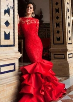 Red Lace Long Sleeves Mermaid Evening Gown with Ruffles Skirt