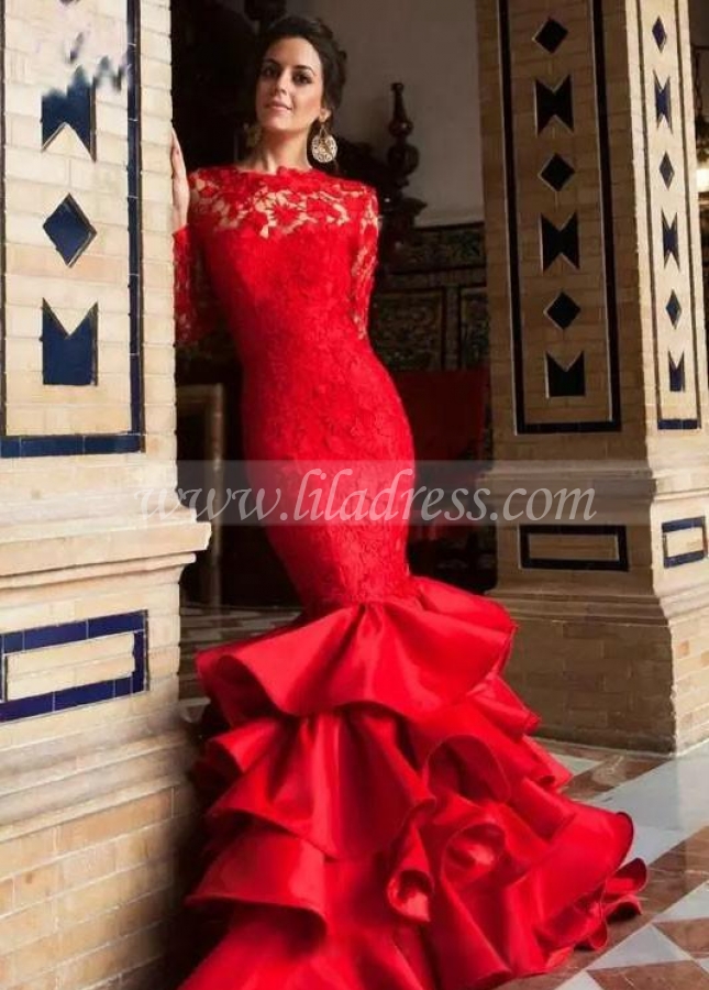 Red Lace Long Sleeves Mermaid Evening Gown with Ruffles Skirt