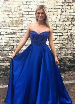 Sweetheart Royal Blue Satin Prom Gowns with Beaded Bodice vestido de fiesta