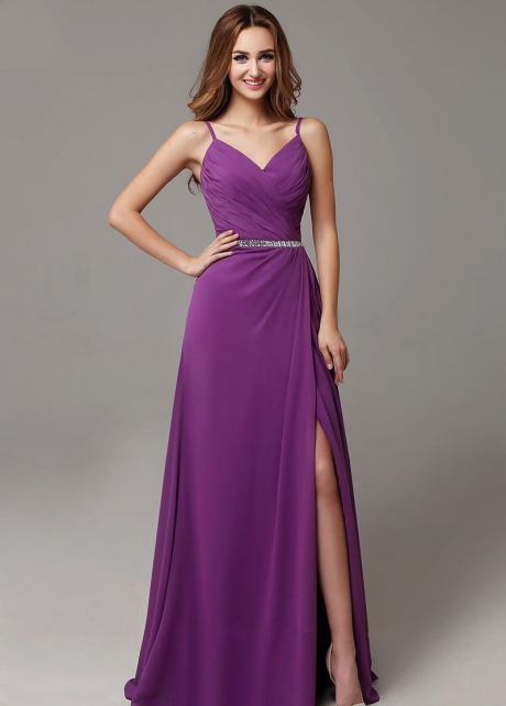 Sweetheart Chiffon Long Purple Prom Dresses with Slit Side