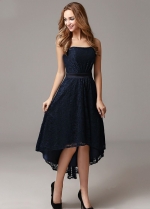 Strapless Lace Dark Navy High Low Prom Gown Dress Backless