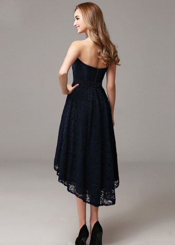 Strapless Lace Dark Navy High Low Prom Gown Dress Backless