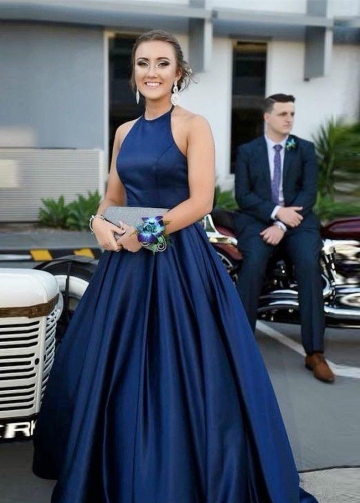 Simple Satin Navy Blue Backless Prom Dress Halter vestido de baile