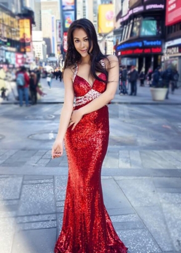 Sexy Red Sequin Evening Prom Dresses Rhinestones
