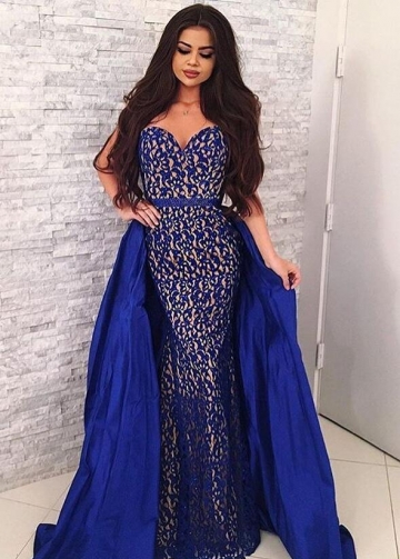Sweetheart Sapphire Blue Lace Prom Dresses with Satin Skirt