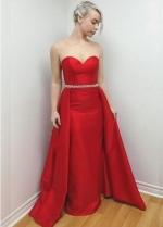 Sweetheart Satin Red Long Prom Dresses with Beaded Belt 2023