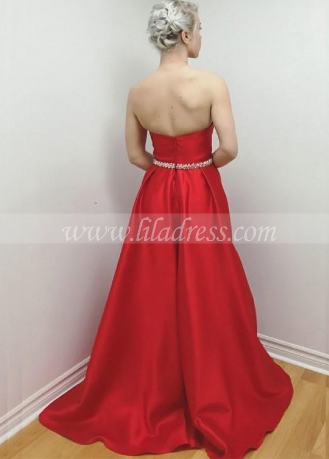 Sweetheart Satin Red Long Prom Dresses with Beaded Belt 2023