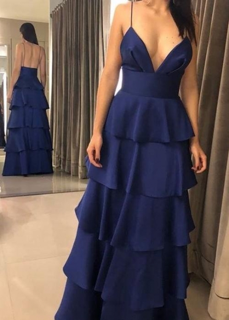 Spaghetti Straps Navy Blue Long Prom Dresses with Tiered Skirt